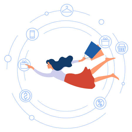 Young woman doing online shopping. Happy woman making order of through in virtual shop. Online shopping concept. Vector cartoon illustration isolated on white background.のイラスト素材