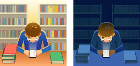 Library app on a smartphone and bookshelves   with colorful books.のイラスト素材
