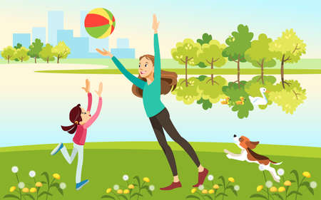 Mom and daughter with a dog playing ball at the lake in the Park. The concept of motherhood, the upbringing of the child. Vector illustration cartoon style.のイラスト素材