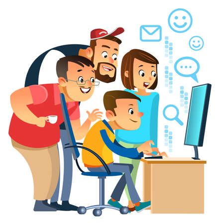 Business professionals. Group of business people analyzing data using computer in the office. People helping one of their colleague. Team work. Vector cartoon illustration isolated on white background.のイラスト素材