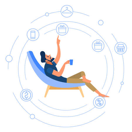 Portrait of a happy young businessman working on virtual computer while sitting at the comfortable chair at home and drinks coffee.のイラスト素材