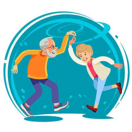 Senior couple dancing together, flat style vector illustration. Happy funny old couple, Full height portrait of old lady and gentleman dancing romantically.のイラスト素材