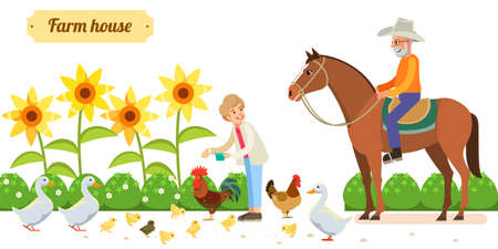 Farmer family, happy senior couple with animals and birds in organic rural farm. Farming, gardening, old age and people concept. Cartoon Stock vector illustration isolated on white backgroundのイラスト素材