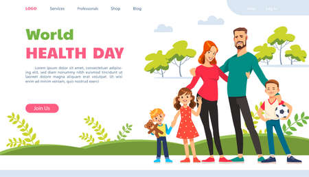 World health day. Website page with happy family. Active lifestyle, wholesome nutrition and sports. Creative landing page design template, web banner. Cartoon flat vector illustration.のイラスト素材