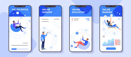 Online office, webinar, education, banking banner, mobile app templates, concept vector illustration flat design.のイラスト素材