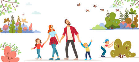 Spring. Family day. Image of hiking. a short trip. Spring landscape. Young family with toddler and children walking in park outdoor with cityscape background cartoon vector illustration.のイラスト素材