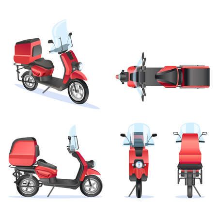 Motorbike 3d vector template for moped, motorbike branding and advertising. Isolated motorbike set on white background. View from side, front, back, top.のイラスト素材
