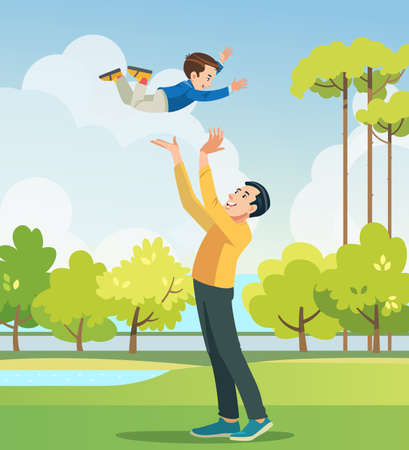 Father and son playing in the park. People having fun on the field. Concept of friendly family and of summer vacation. Vector cartoon illustration.のイラスト素材
