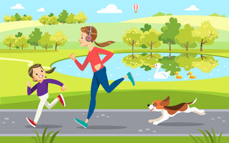Mother and daughter Jogging with cute dog in the Park, along the lake. Concept motherhood child-rearing. Vector illustration.のイラスト素材