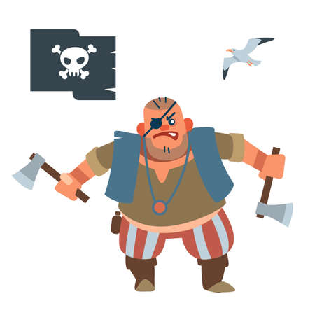 Pirate robber. Muscular pirate Shorty with two battle axes Vector illustration of flat cartoon on white background.のイラスト素材