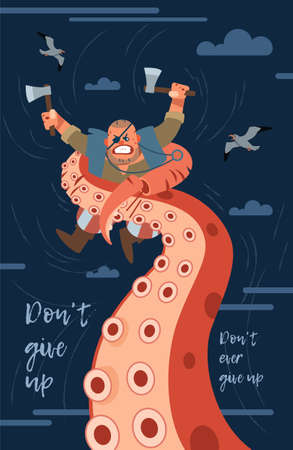 Dont give up. Inspirational motivation quote design background. A pirate fights a giant monster octopus. illustration can use for landing page, template, web, mobile app, poster, banner, postcard.のイラスト素材