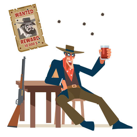 Happy robber celebrating a successful RAID. The Wild West Saloon. Vector flat cartoon illustrationのイラスト素材