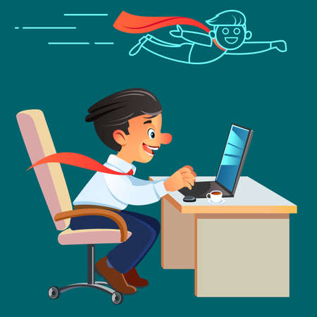 Superhero businessman working in the office. Satisfied with work done. Happy young man working on laptop while sitting at his working place in office. Cartoon vector illustrationのイラスト素材