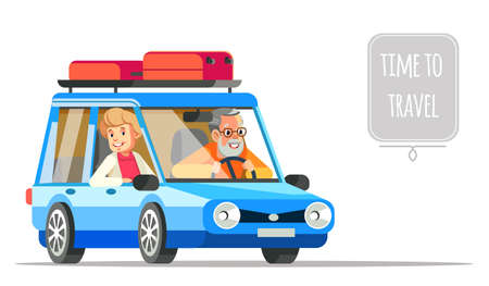 Elderly couple traveling together in a car. Older people life style vector flat illustration and life adventure and pleasure enjoyment. Grandpa and Granny couple traveling by carのイラスト素材