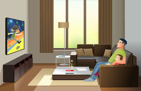 Father and son watching television at home, spend time together. Leisure and entertainment concept and Fatherhood child-rearing. Cartoon style vector illustration isolated on white backgroundのイラスト素材