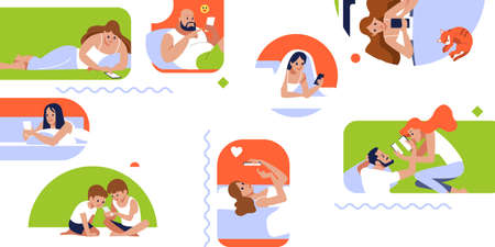 Social Media Concept for web site. Good morning. Collection people communication using smartphone. Communication via the Internet, social networking, chat, web site, search friends, web graphics.のイラスト素材