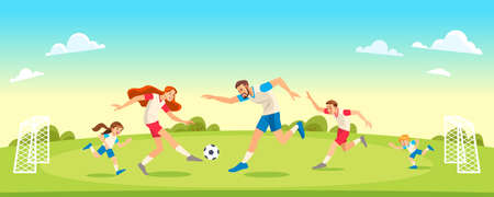 Family Playing Soccer In Park Together. Concept Parenthood child-rearing. Vector illustration.のイラスト素材