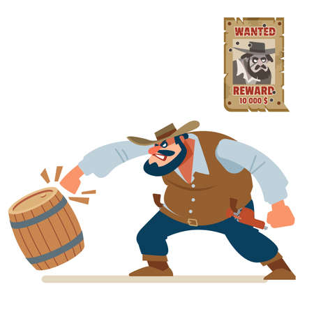 Angry cowboy bandit smash everything around. Old wild west. Cartoon vector illustration. Flat style. Isolated on white backgroundのイラスト素材