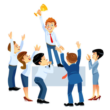 Teamwork concept. Business crowd applauding supporting and praising man at the top. Concepts for business research, strategic management, finance, team triumph, working break. Vector illustrationのイラスト素材