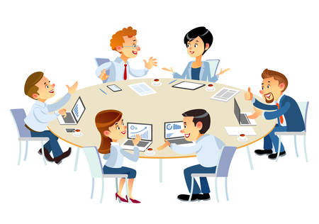 Business partners discussing documents and ideas at meeting. Business people showing teamwork while working. People helping one of their colleague to finish new business plan. Business and entrepreneurship conceptのイラスト素材