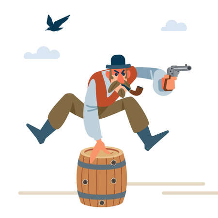 Cowboy with a pipe and a bowler hat jumps over a barrel of wine and shooting the Sheriff of the local police. The Old Wild West. Cartoon vector illustration. Flat style. Isolated on white backgroundのイラスト素材