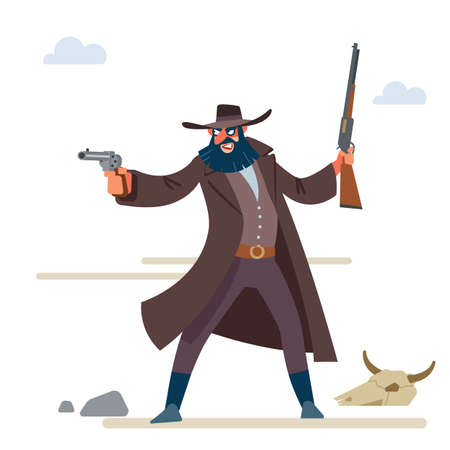 The character is a cruel bandit with a dark beard in a long raincoat, with a revolver and a rifle. Cartoon vector illustration. Flat style. Isolated on white backgroundのイラスト素材