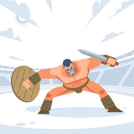Ancient warrior or Gladiator in the posture before the attack on the arena. Vector isolated flat design styleのイラスト素材