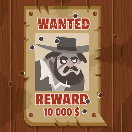 Wanted for reward poster. Portrait of cowboy robber. Western poster on old parchment on an old wooden fence. Vector cartoon flat illustrationのイラスト素材