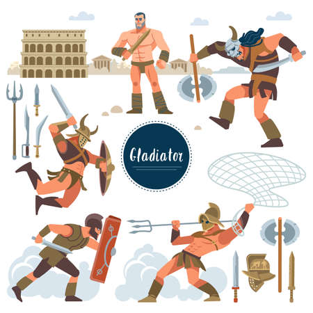 The Gladiator. Set in ancient Rome illustration historic gladiator, warriors flat characters. Warriors, sword, armor shield, arena, Colosseum. Flat style.のイラスト素材
