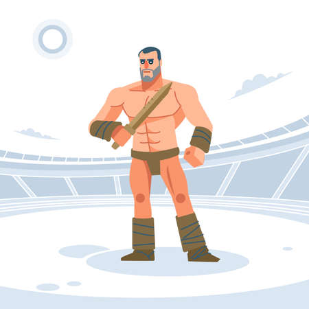 Ancient Rome Gladiator warrior with wooden sword for training. Vector illustration. Flat style.のイラスト素材