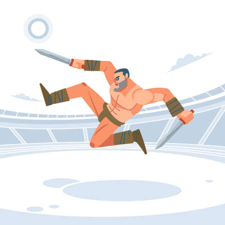 Spartan warriors fight in the arena of gladiators. Gladiator with two swords, kicks his feet in the jump. Vector isolated illustration. Flat cartoon style.のイラスト素材