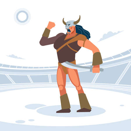 Giant warrior in the Gladiator arena. Gladiator before the battle welcomes the Emperor. Vector isolated illustration. Flat cartoon styleのイラスト素材