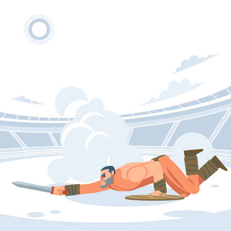 Warriors fighting in the arena of gladiators. Gladiator attacks from below. Vector isolated illustration. Flat cartoon style.のイラスト素材