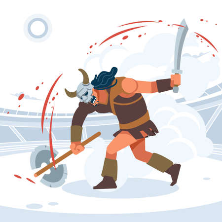 Blood and sand, the battle of the titans. A huge aggressive Gladiator attacks. Vector isolated illustration. Flat cartoon styleのイラスト素材