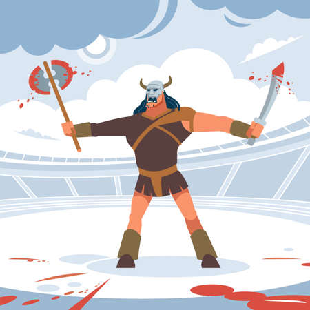 Killer. Huge aggressive Gladiator winner of gladiatorial combat. Vector isolated illustration. Flat cartoon styleのイラスト素材