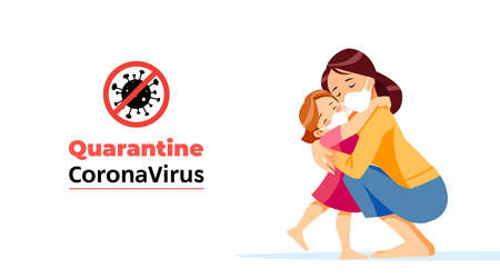 Coronavirus. Quarantine No Infection and Stop Coronavirus Concepts. Mother and child is sitting at home on self-quarantine. Family quarantined coronavirus in protective masks. Normal life in isolationのイラスト素材