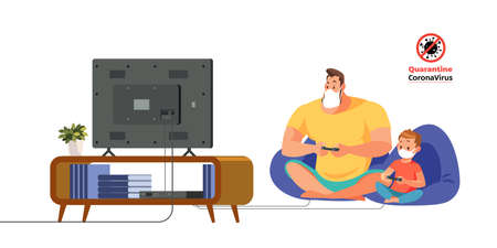 Coronavirus. Quarantine No Infection and Stop Coronavirus Concepts. Dad and son playing game at home on self-quarantine. Family quarantined coronavirus in protective masks. Normal life in isolation.のイラスト素材