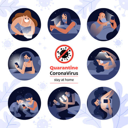 Pandemic of coronavirus and social distancing concept. People hold video conferences at home during self-quarantine of the coronavirus. Family conversation via mobile phone conference. Stay at home.のイラスト素材