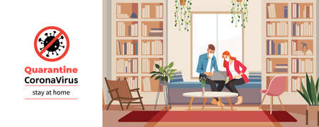 Coronavirus. Stay at home. Young business people working from home wearing protective mask. Business family in quarantine for coronavirus wearing protective mask. Working from home with sanitizer gelのイラスト素材