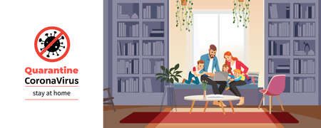 Coronavirus. Family at home with tutor or parent getting education at home during coronavirus self quarantine. Family conversation via video conference. Home schooling concept. Vector illustration.のイラスト素材