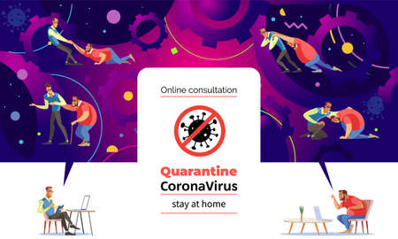Coronavirus. Stay at home. Man on psychologist online session. A man talks about her problems to a therapist through a video call.The psychologist reassures patient and helps to deal with the problem.のイラスト素材