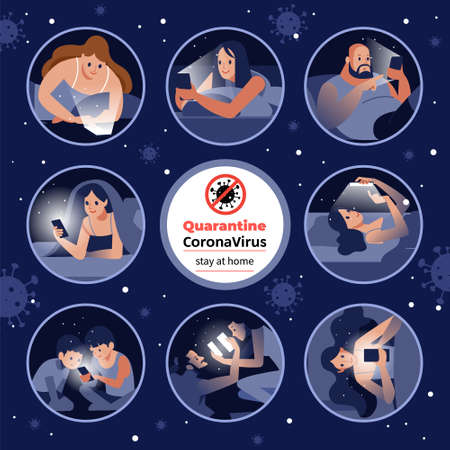 Coronavirus or Covid-19 quarantine. Different People smiling while videoconferencing at home during coronavirus self quarantine. Family conversation via mobile phone conference. Cartoon vectorのイラスト素材