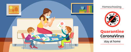 Coronavirus. Stay at home. Homeschooling. Mother and children paint in the game room, wearing a protective mask during self-quarantine of the coronavirus. Cartoon vector illustration.のイラスト素材