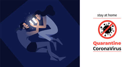 Coronavirus or Covid-19 quarantine. Stay at home with self quarantine to help slow outbreak and protect virus spread. a man and woman self isolation in his home with restricted area alert sign. Vector.のイラスト素材