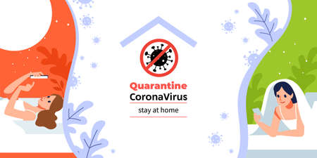 Young womans chatting with her phone on the sofa I stay at home social media campaign for coronavirus prevention. Coronavirus or Covid-19 quarantine. Cartoon, flat vector illustration.のイラスト素材