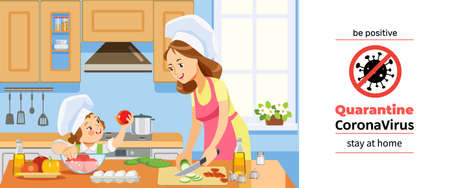 Coronavirus or Covid-19 quarantine. Mother and kid girl preparing healthy food at home together. Family cooking at home in kitchen during coronavirus crisis. Be positive. Cartoon vector illustrationのイラスト素材