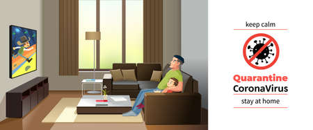 Coronavirus Covid-19, quarantine motivational poster. Father and son watching television at home during coronavirus self quarantine. Keep calm and stay home quote cartoon vector illustrationのイラスト素材