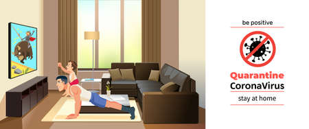 Coronavirus Covid-19, quarantine motivational poster. Father with his little cute son spend time together at home during coronavirus self quarantine. Be positive and stay home quote illustrationのイラスト素材