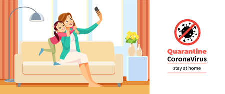Coronavirus Covid-19, quarantine motivational poster. Beautiful school girl and her mom are hugging, doing selfie at home during coronavirus crisis. Stay home quote cartoon vector illustration.のイラスト素材