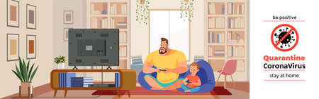 Coronavirus Covid-19, quarantine motivational poster. Cheerful father and son playing video game in cozy home during coronavirus crisis. Be positive and stay home quote cartoon vector illustrationのイラスト素材